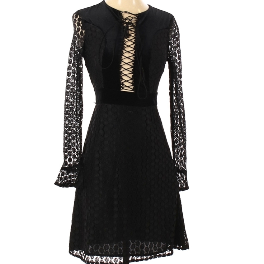 Rare Foxiedox LBD Black Polkadot Dress w/ Sexy Plunging Neckline & Lace Sleeves